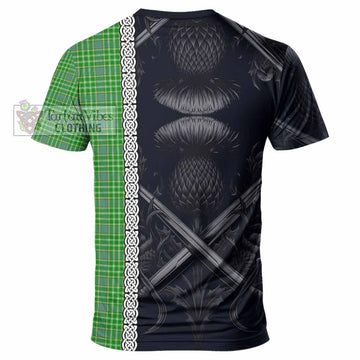 Currie Tartan T-Shirt with Family Crest Cross Sword Thistle Celtic Vibes