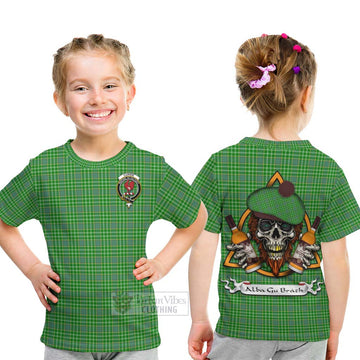 Currie Tartan Kid T-Shirt with Family Crest and Bearded Skull Holding Bottles of Whiskey - Tartan Vibes Clothing