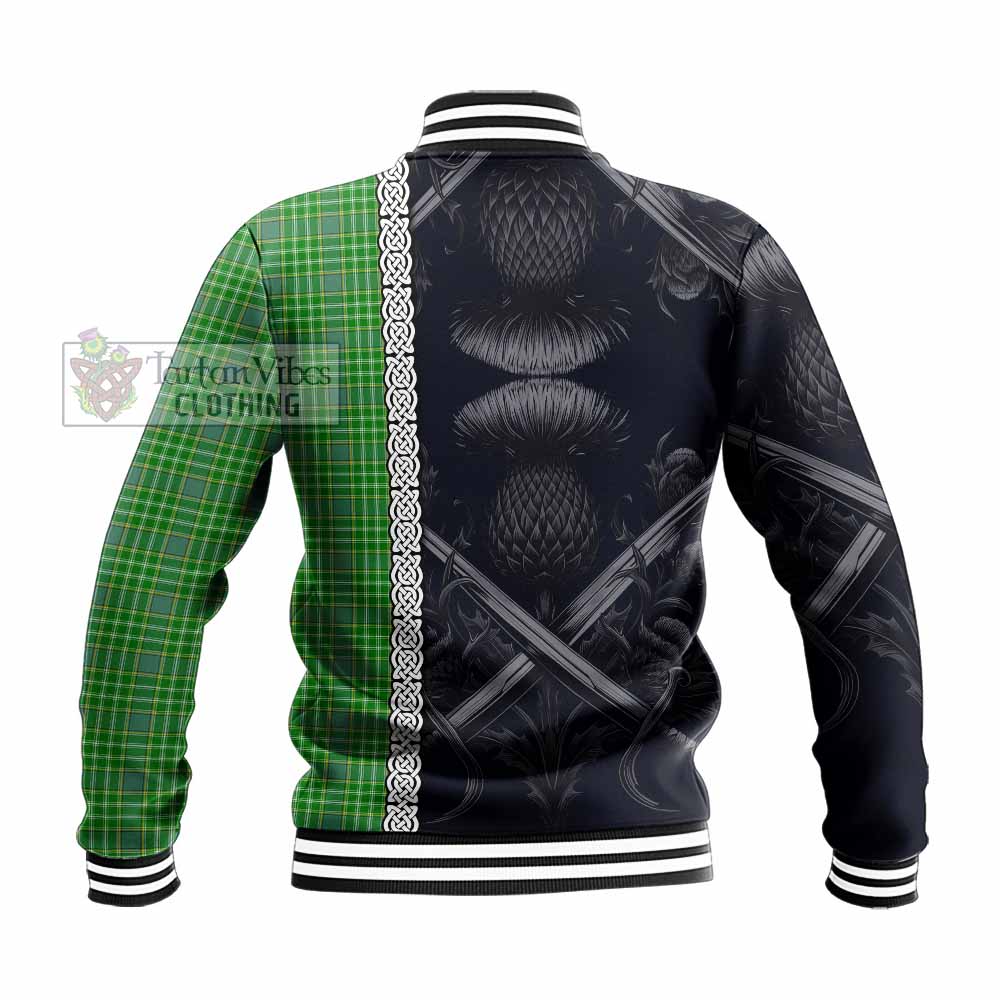 Currie Tartan Baseball Jacket with Family Crest Cross Sword Thistle Celtic Vibes - Tartan Vibes Clothing