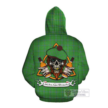 Currie Tartan Cotton Hoodie with Family Crest and Bearded Skull Holding Bottles of Whiskey Pullover Hoodie - Tartan Vibes Clothing