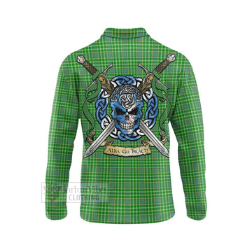 Currie Tartan Long Sleeve Polo Shirt with Family Crest Celtic Skull Style - Tartan Vibes Clothing