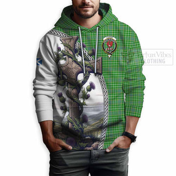 Currie Tartan Hoodie with Family Crest and St. Andrew's Cross Accented by Thistle Vines - Tartan Vibes Clothing