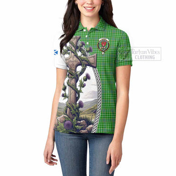 Currie Tartan Women's Polo Shirt with Family Crest and St. Andrew's Cross Accented by Thistle Vines - Tartan Vibes Clothing