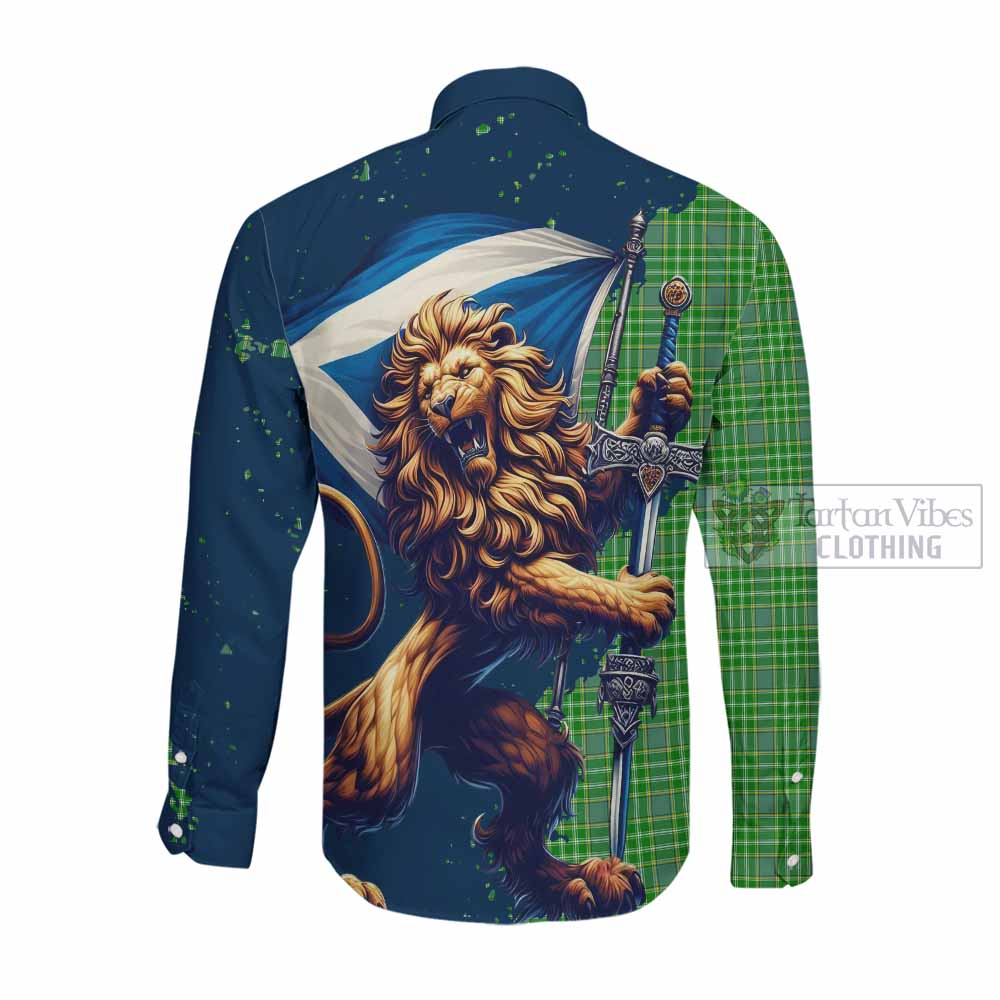 Currie Tartan Family Crest Long Sleeve Button Shirt with Scottish Majestic Lion Men's Shirt - Tartan Vibes Clothing