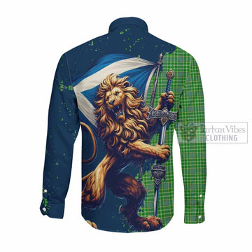 Currie Tartan Family Crest Long Sleeve Button Shirt with Scottish Majestic Lion Men's Shirt - Tartan Vibes Clothing