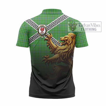 Currie Crest Tartan Zipper Polo Shirt with Golden Lion Emblem Celtic Style - Tartan Vibes Clothing