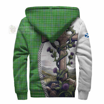 Currie Tartan Sherpa Hoodie with Family Crest and St. Andrew's Cross Accented by Thistle Vines - Tartan Vibes Clothing