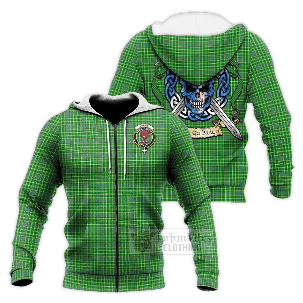 Currie Tartan Knitted Hoodie with Family Crest Celtic Skull Style Unisex Knitted Zip Hoodie - Tartan Vibes Clothing