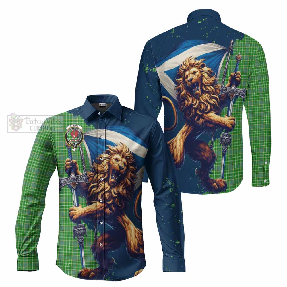 Currie Tartan Family Crest Long Sleeve Button Shirt with Scottish Majestic Lion - Tartan Vibes Clothing