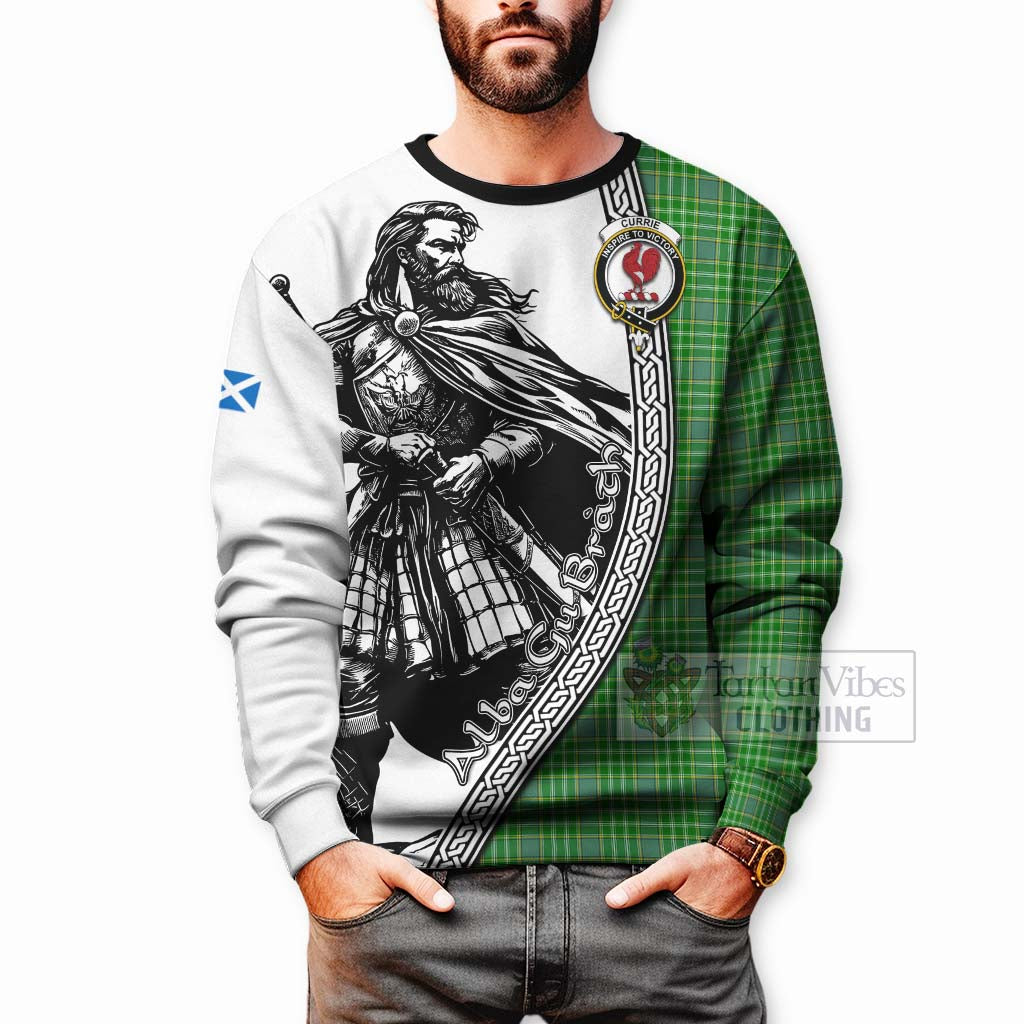 Currie Tartan Clan Crest Sweatshirt with Highlander Warrior Celtic Style - Tartan Vibes Clothing