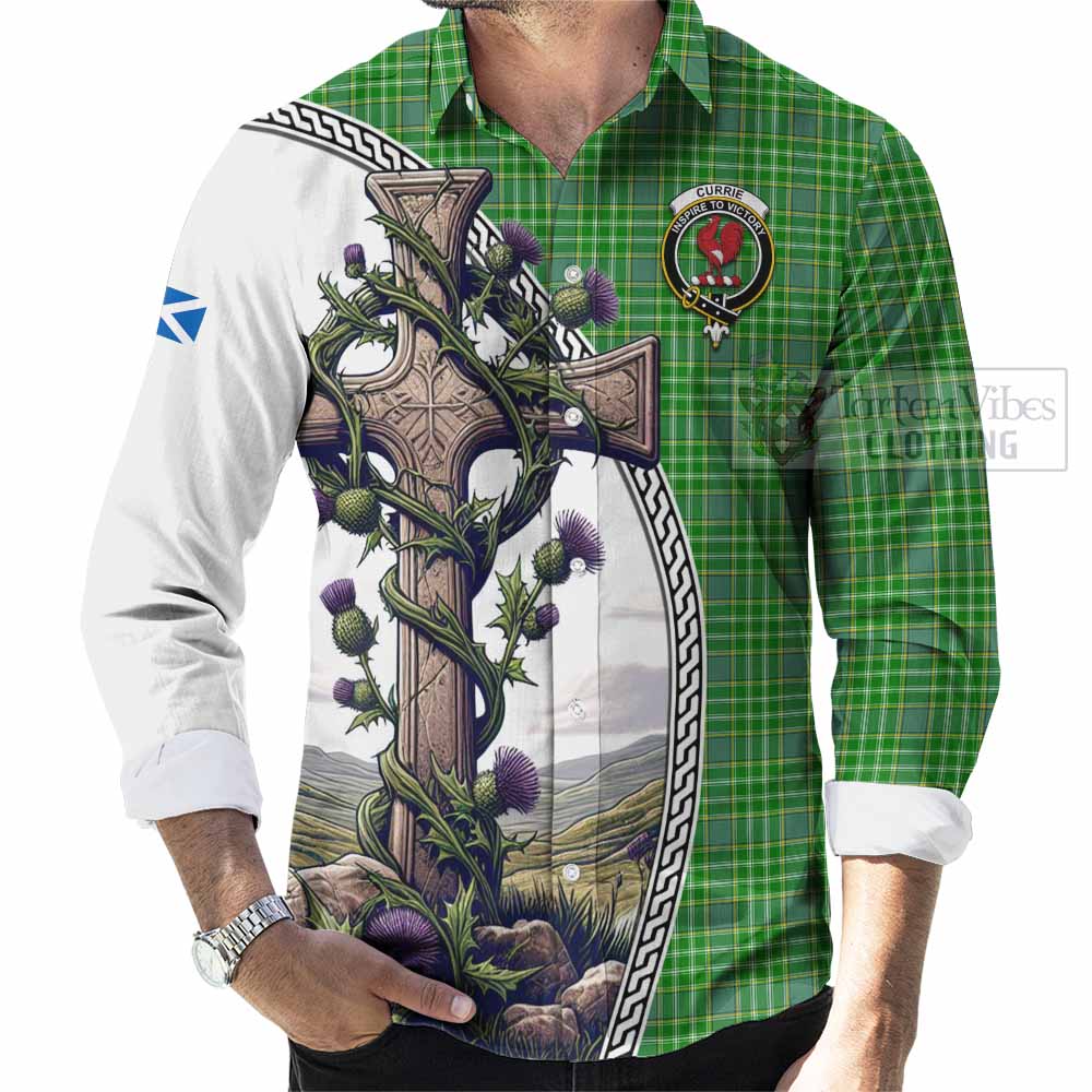 Currie Tartan Long Sleeve Button Shirt with Family Crest and St. Andrew's Cross Accented by Thistle Vines - Tartan Vibes Clothing