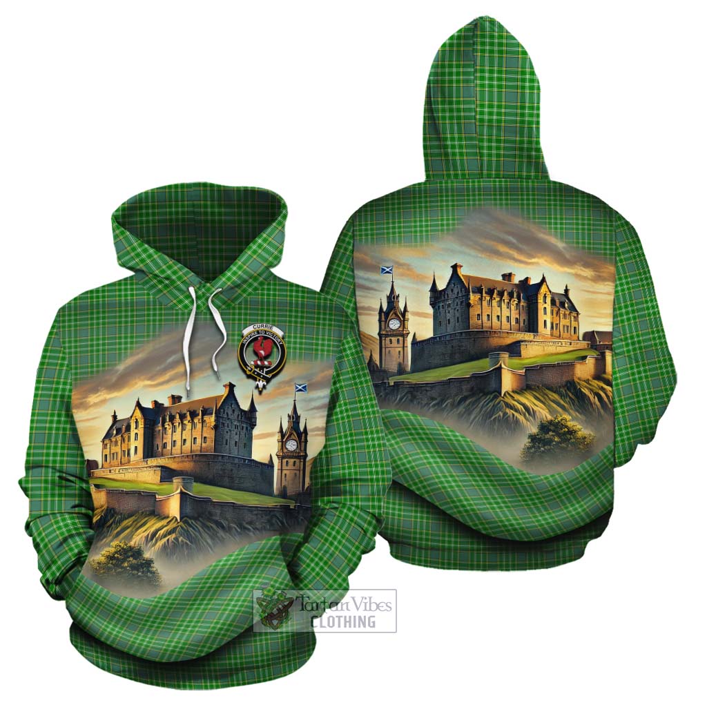 Currie Tartan Family Crest Cotton Hoodie with Scottish Ancient Castle Style - Tartan Vibes Clothing