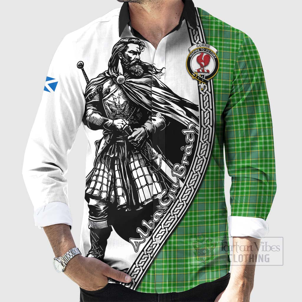 Currie Tartan Clan Crest Long Sleeve Button Shirt with Highlander Warrior Celtic Style - Tartan Vibes Clothing