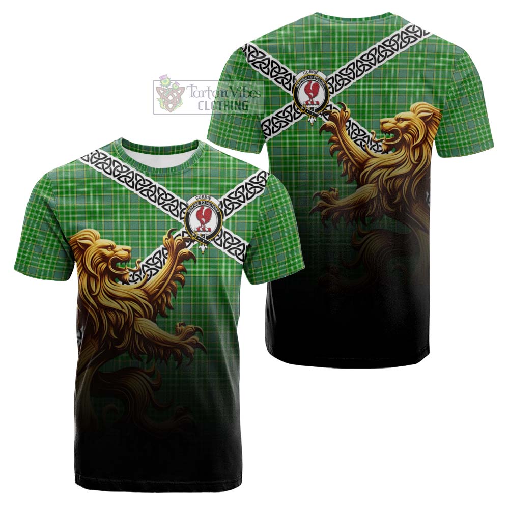 Currie Crest Tartan Cotton T-shirt with Golden Lion Emblem Celtic Style - Tartan Vibes Clothing