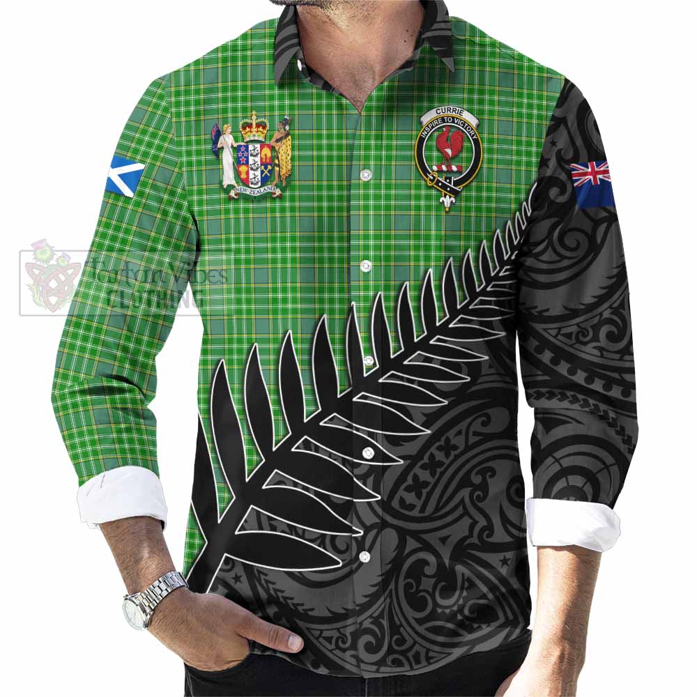 Currie Crest Tartan Long Sleeve Button Shirt with New Zealand Silver Fern Half Style - Tartan Vibes Clothing