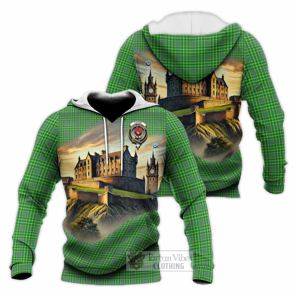 Currie Tartan Family Crest Knitted Hoodie with Scottish Ancient Castle Style - Tartan Vibes Clothing