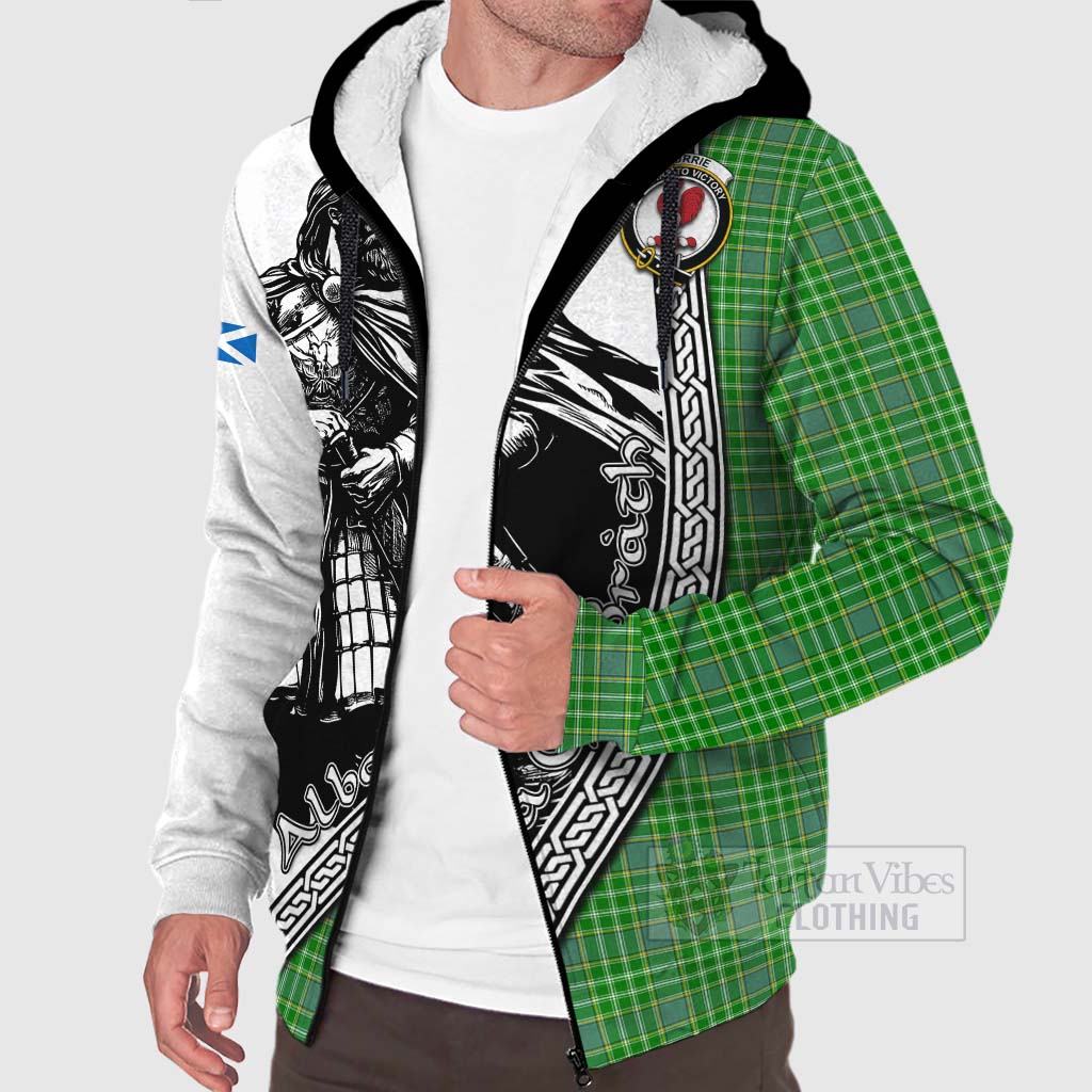 Currie Tartan Clan Crest Sherpa Hoodie with Highlander Warrior Celtic Style Unisex - Tartan Vibes Clothing