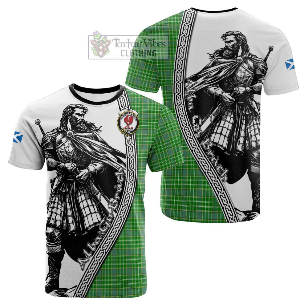 Currie Tartan Clan Crest Cotton T-shirt with Highlander Warrior Celtic Style