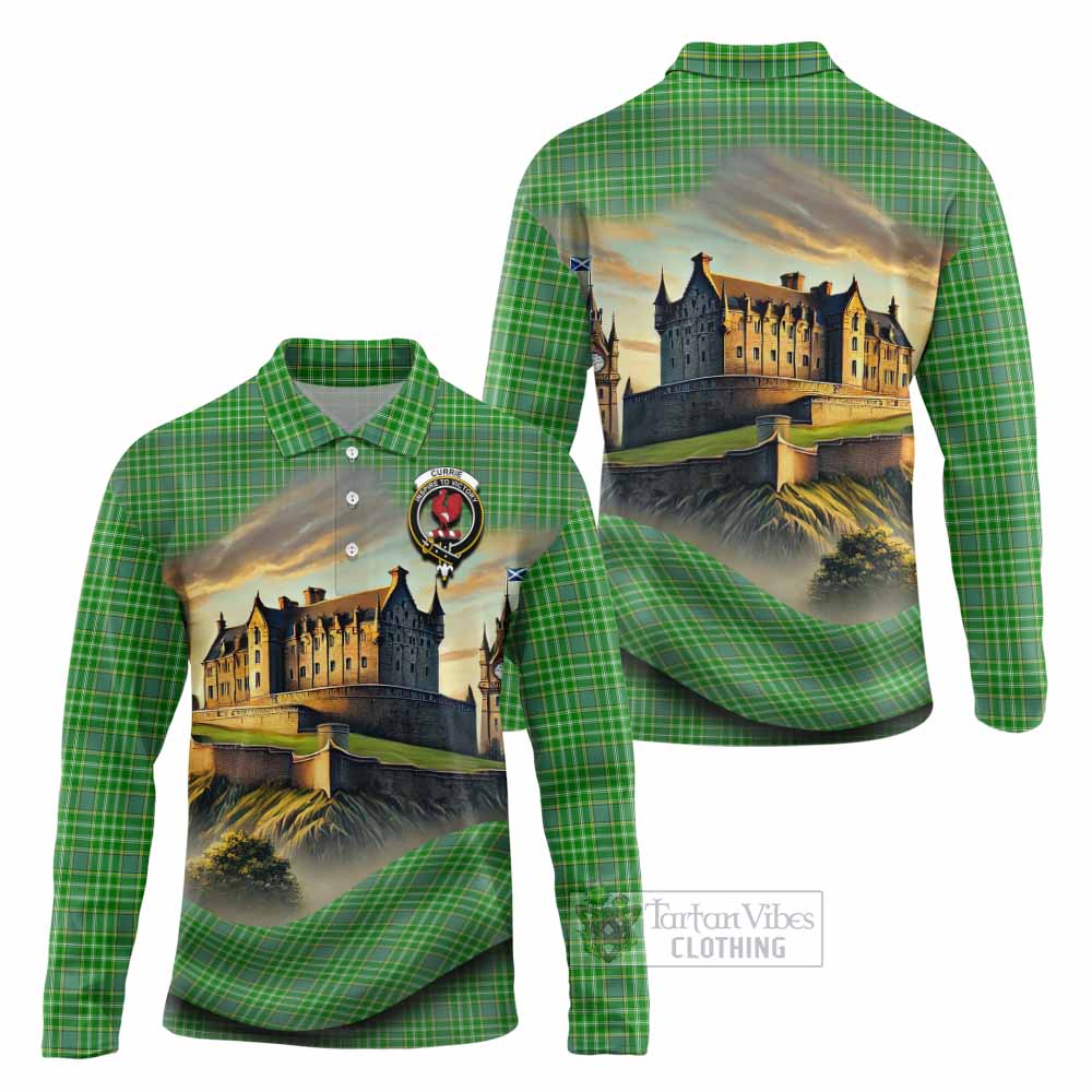 Currie Tartan Family Crest Long Sleeve Polo Shirt with Scottish Ancient Castle Style - Tartan Vibes Clothing