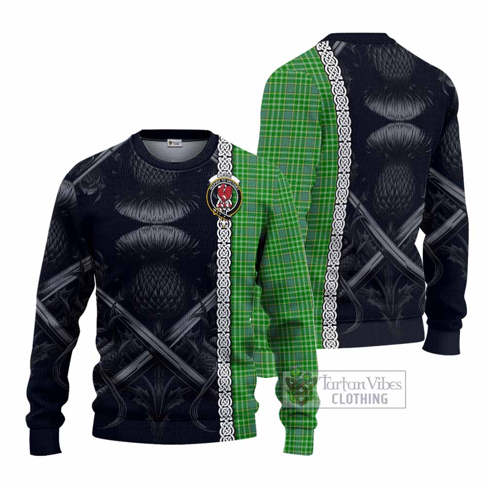 Currie Tartan Knitted Sweater with Family Crest Cross Sword Thistle Celtic Vibes - Tartan Vibes Clothing