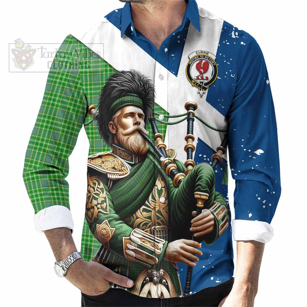Currie Tartan Long Sleeve Button Shirt with Family Crest Scottish Bagpiper Vibes - Tartan Vibes Clothing