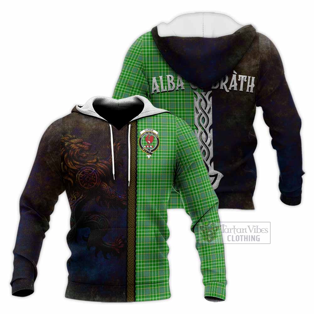 Tartan Vibes Clothing Currie Tartan Family Crest Knitted Hoodie Alba Gu Brath Be Brave Lion Ancient Style