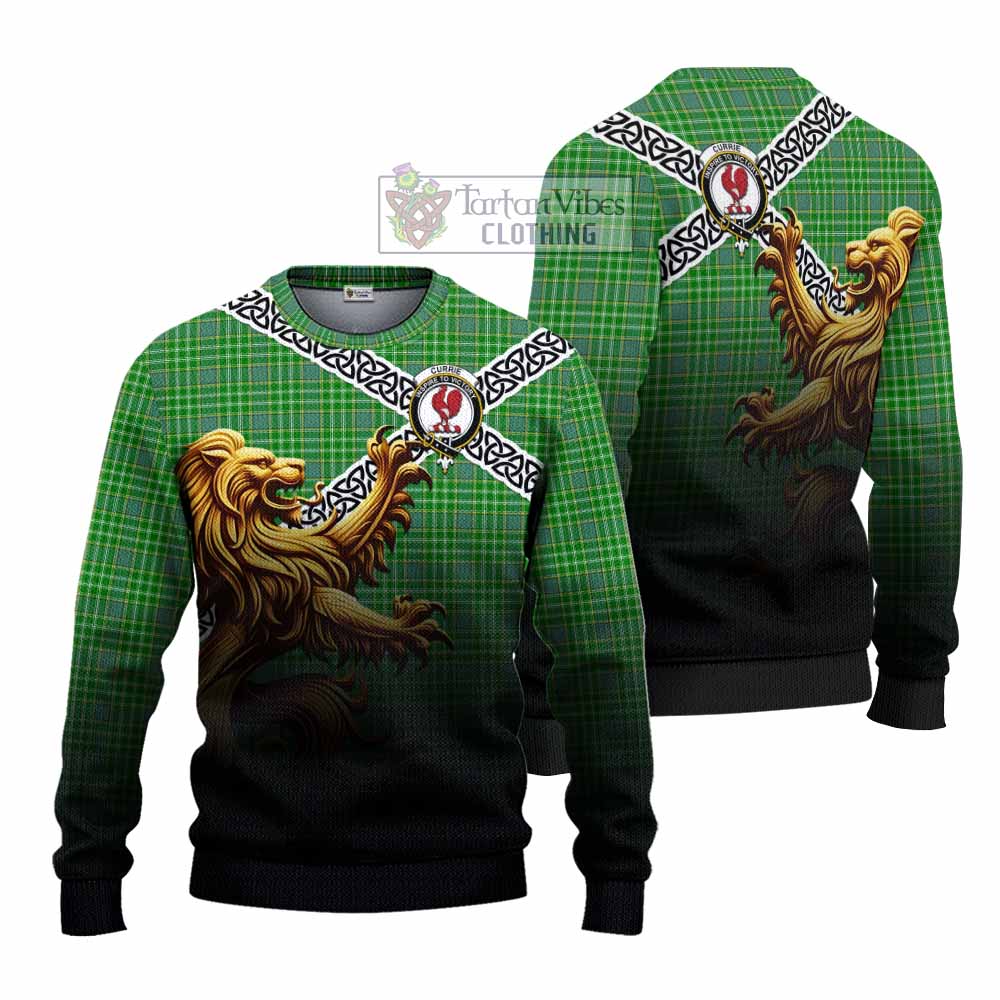 Currie Crest Tartan Knitted Sweater with Golden Lion Emblem Celtic Style - Tartan Vibes Clothing