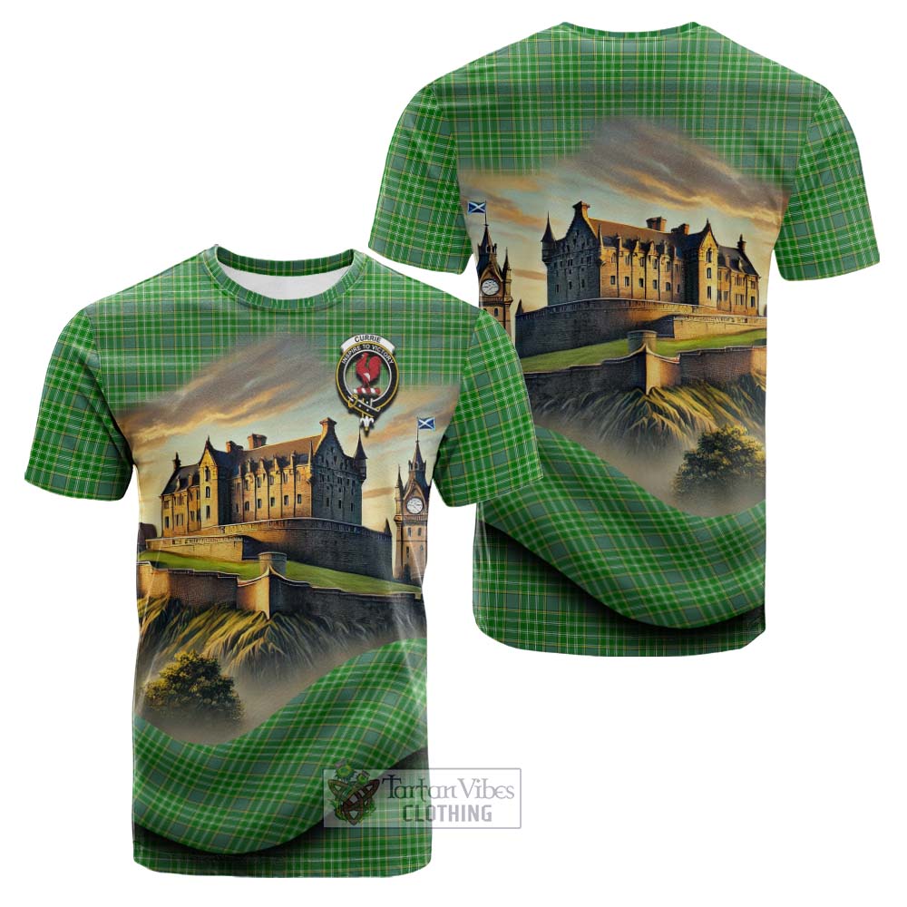 Currie Tartan Family Crest Cotton T-shirt with Scottish Ancient Castle Style - Tartan Vibes Clothing