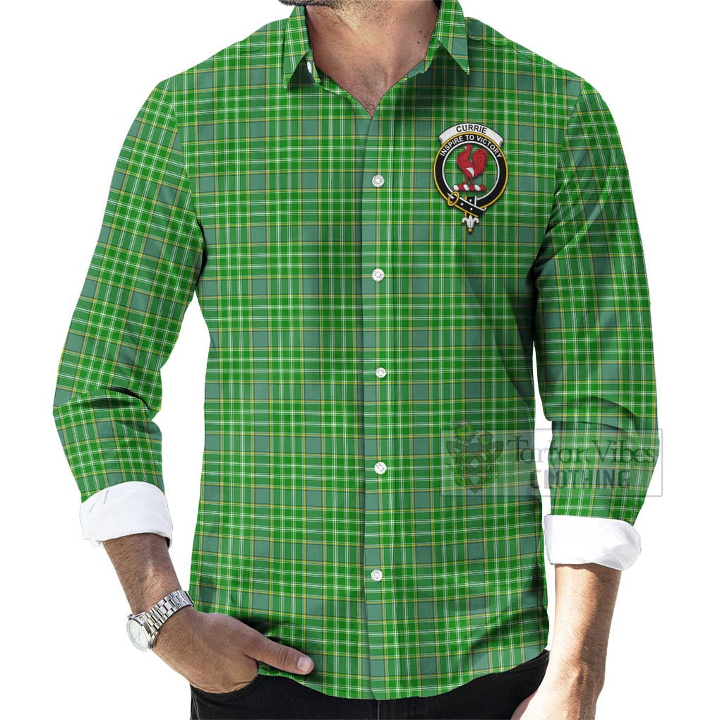 Currie Tartan Long Sleeve Button Shirt with Family Crest Celtic Skull Style - Tartan Vibes Clothing