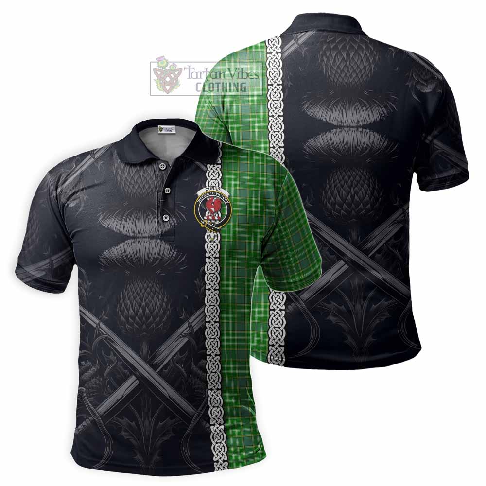 Currie Tartan Polo Shirt with Family Crest Cross Sword Thistle Celtic Vibes - Tartan Vibes Clothing