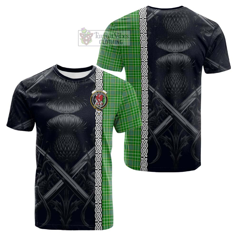 Currie Tartan Cotton T-shirt with Family Crest Cross Sword Thistle Celtic Vibes - Tartan Vibes Clothing