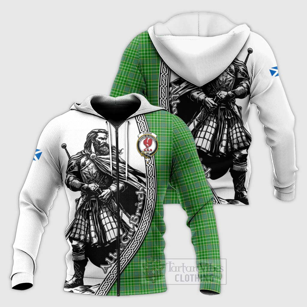 Currie Tartan Clan Crest Knitted Hoodie with Highlander Warrior Celtic Style Unisex Knitted Zip Hoodie - Tartan Vibes Clothing