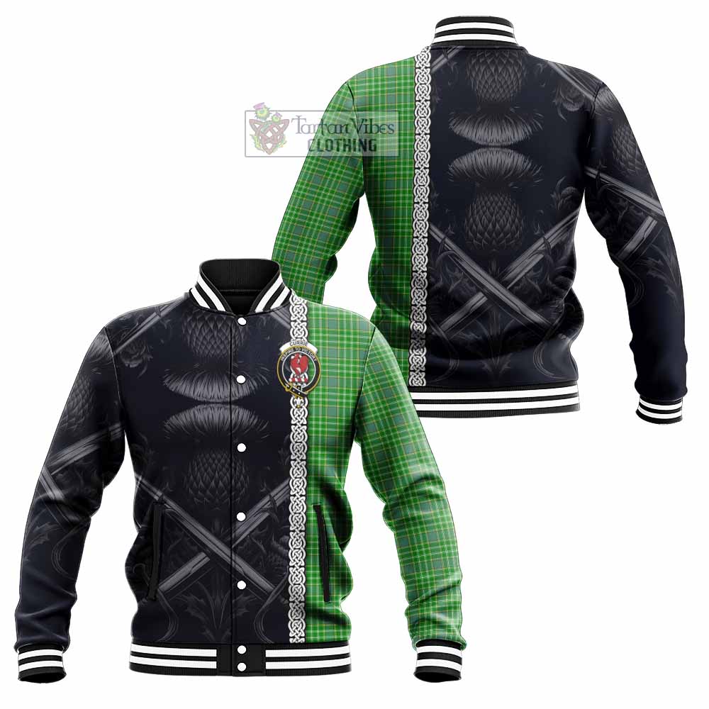 Currie Tartan Baseball Jacket with Family Crest Cross Sword Thistle Celtic Vibes - Tartan Vibes Clothing