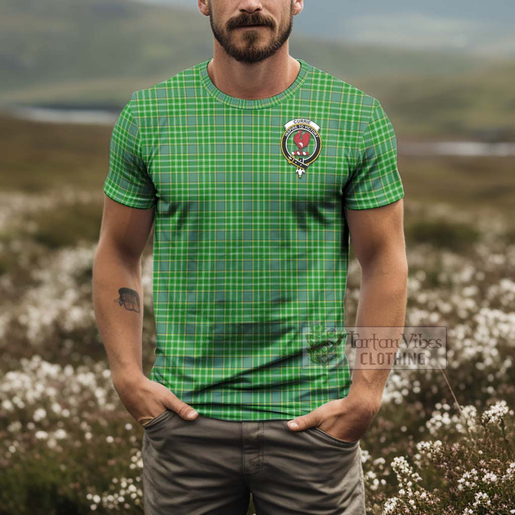 Tartan Vibes Clothing Currie Tartan T-Shirt with Family Crest and Bearded Skull Holding Bottles of Whiskey