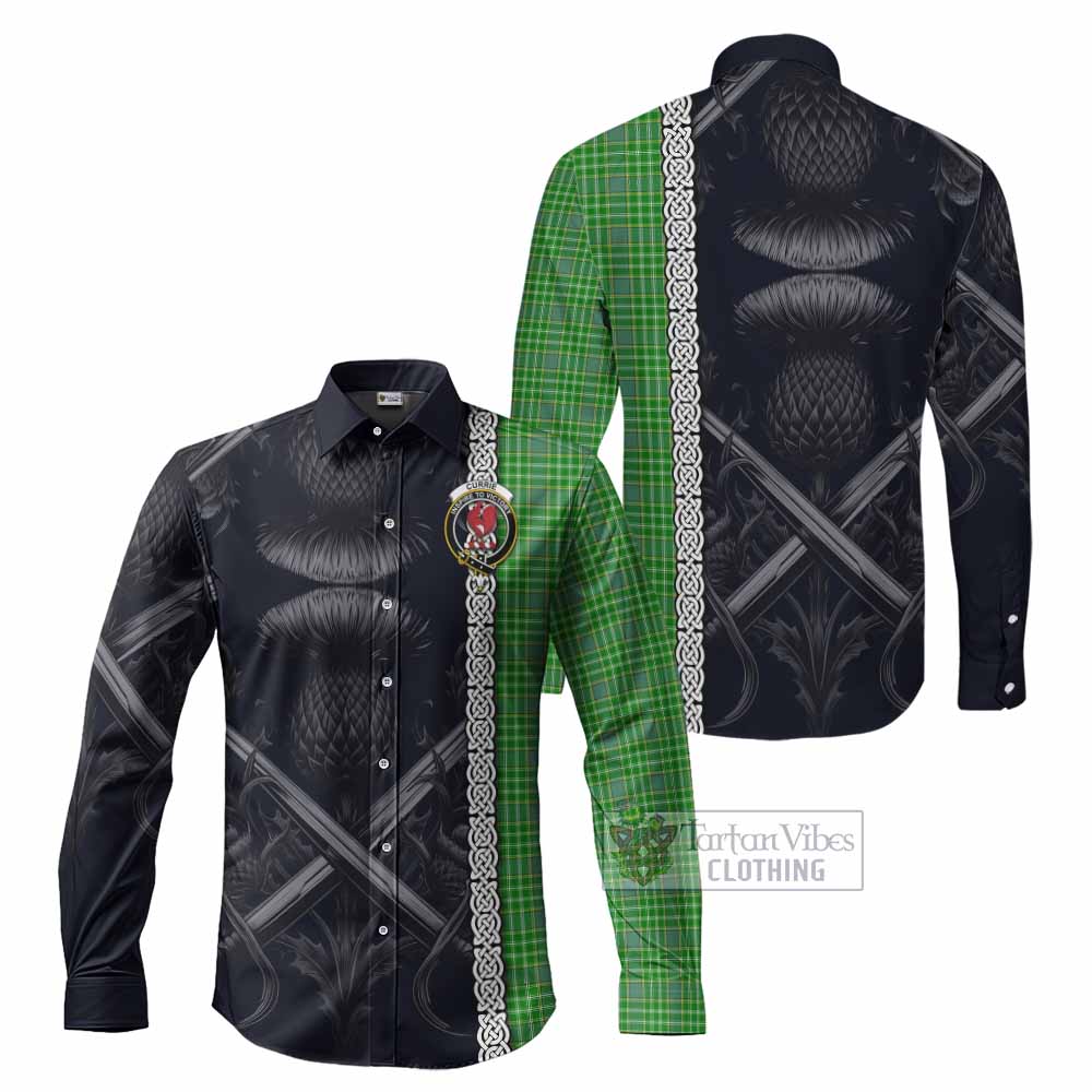 Tartan Vibes Clothing Currie Tartan Long Sleeve Button Shirt with Family Crest Cross Sword Thistle Celtic Vibes