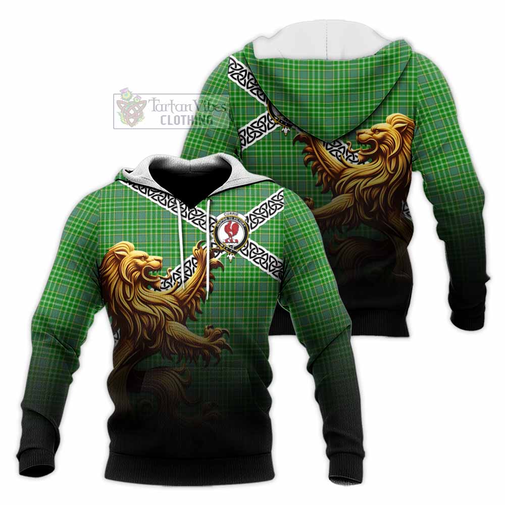 Currie Crest Tartan Knitted Hoodie with Golden Lion Emblem Celtic Style - Tartan Vibes Clothing