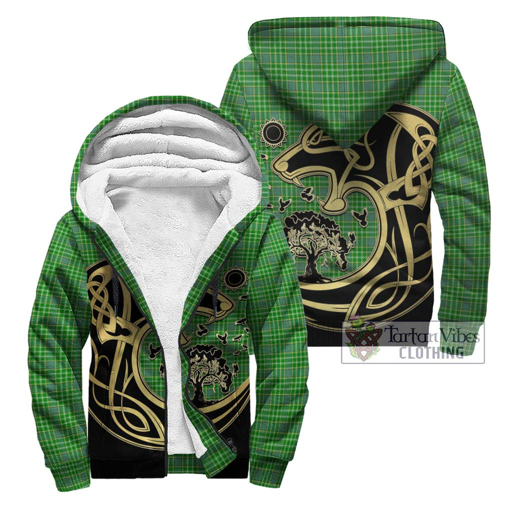 Currie Tartan Sherpa Hoodie with Family Crest Celtic Wolf Style Unisex - Tartan Vibes Clothing