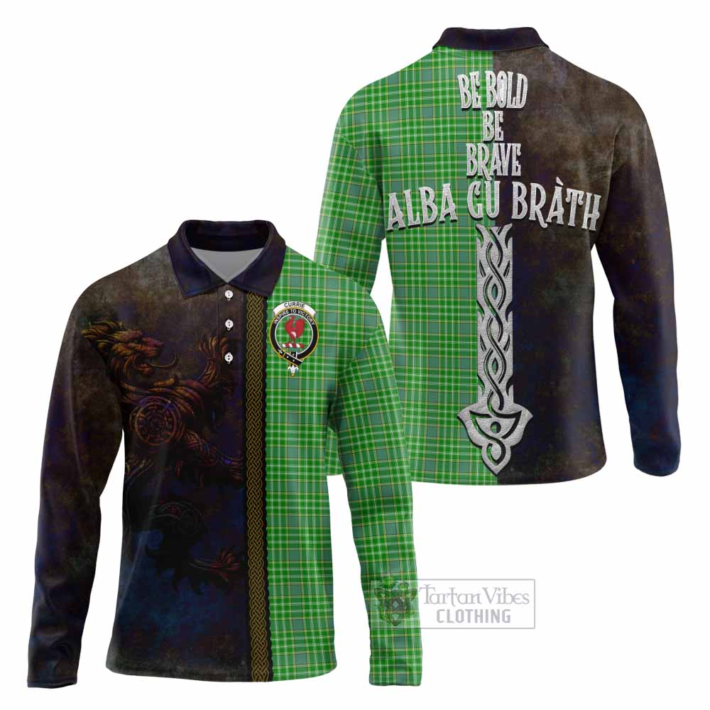 Tartan Vibes Clothing Currie Tartan Family Crest Long Sleeve Polo Shirt Alba Gu Brath Be Brave Lion Ancient Style
