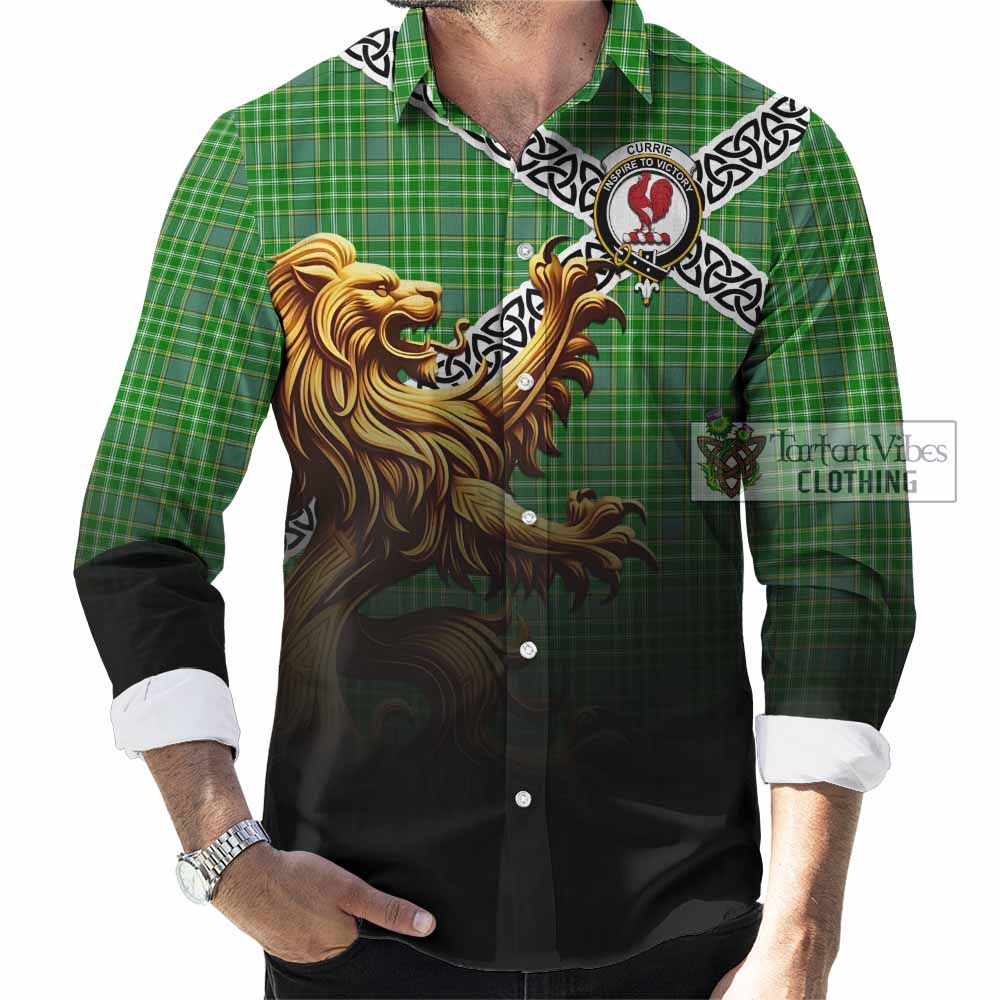 Currie Crest Tartan Long Sleeve Button Shirt with Golden Lion Emblem Celtic Style - Tartan Vibes Clothing