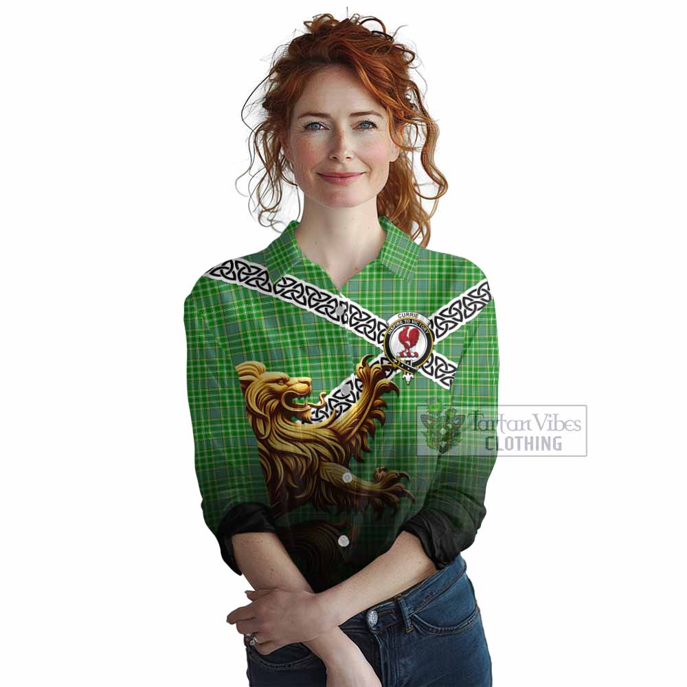 Currie Crest Tartan Women's Casual Shirt with Golden Lion Emblem Celtic Style - Tartan Vibes Clothing