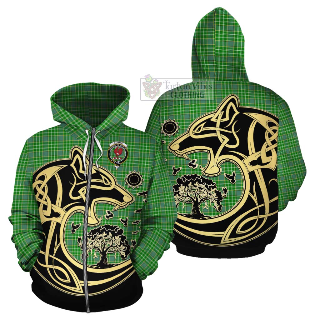 Currie Tartan Cotton Hoodie with Family Crest Celtic Wolf Style - Tartan Vibes Clothing