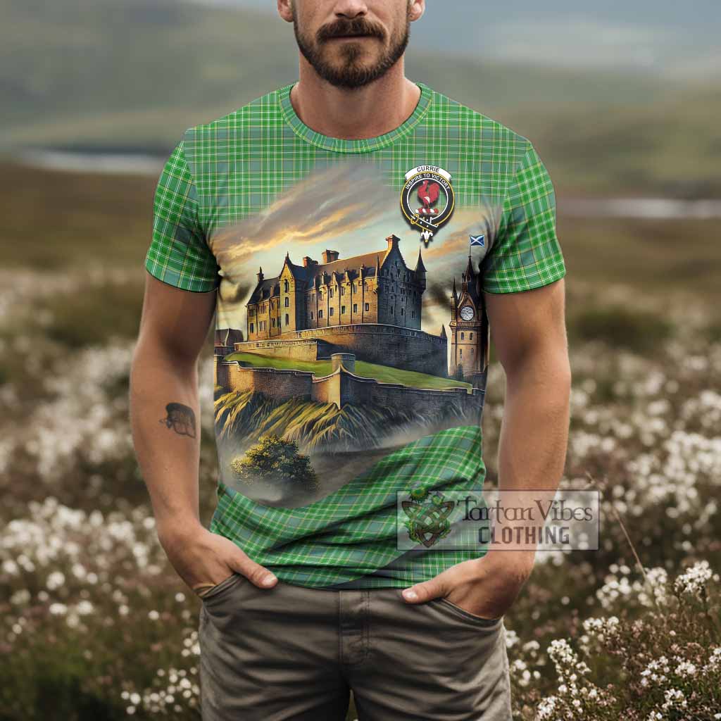 Currie Tartan Family Crest T-Shirt with Scottish Ancient Castle Style - Tartan Vibes Clothing