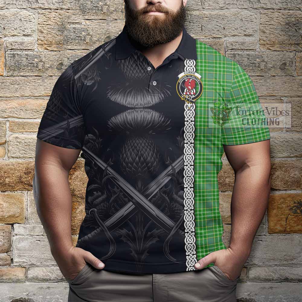 Currie Tartan Polo Shirt with Family Crest Cross Sword Thistle Celtic Vibes - Tartan Vibes Clothing