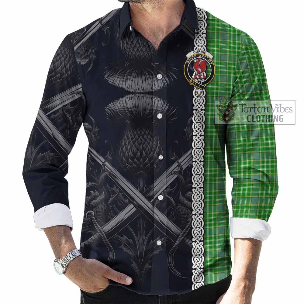 Tartan Vibes Clothing Currie Tartan Long Sleeve Button Shirt with Family Crest Cross Sword Thistle Celtic Vibes