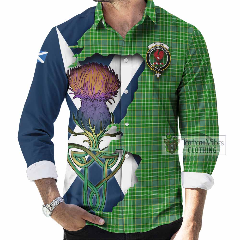 Tartan Vibes Clothing Currie Tartan Family Crest Long Sleeve Button Shirt Scottish Thistle Celtic Inspired
