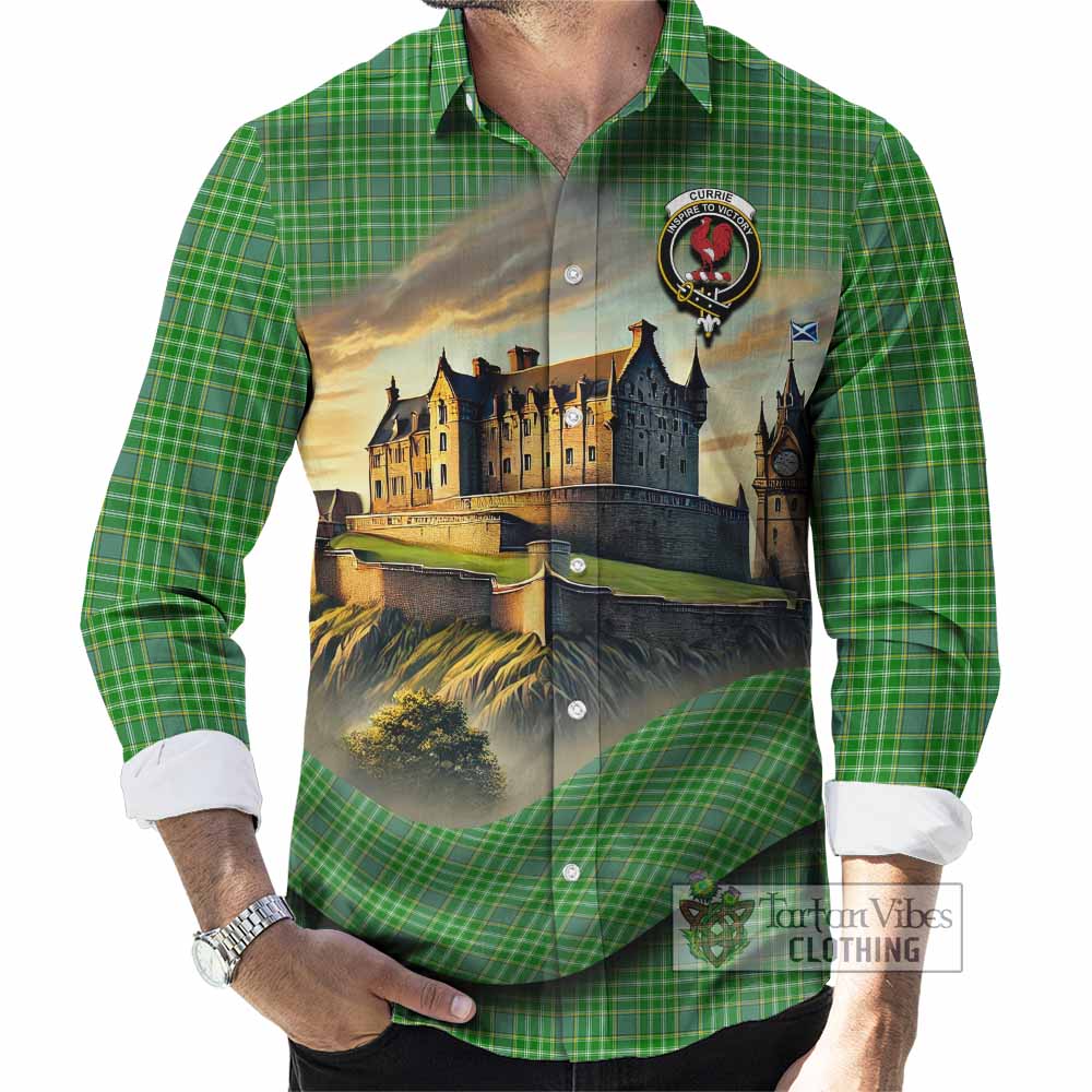 Tartan Vibes Clothing Currie Tartan Family Crest Long Sleeve Button Shirt with Scottish Ancient Castle Style