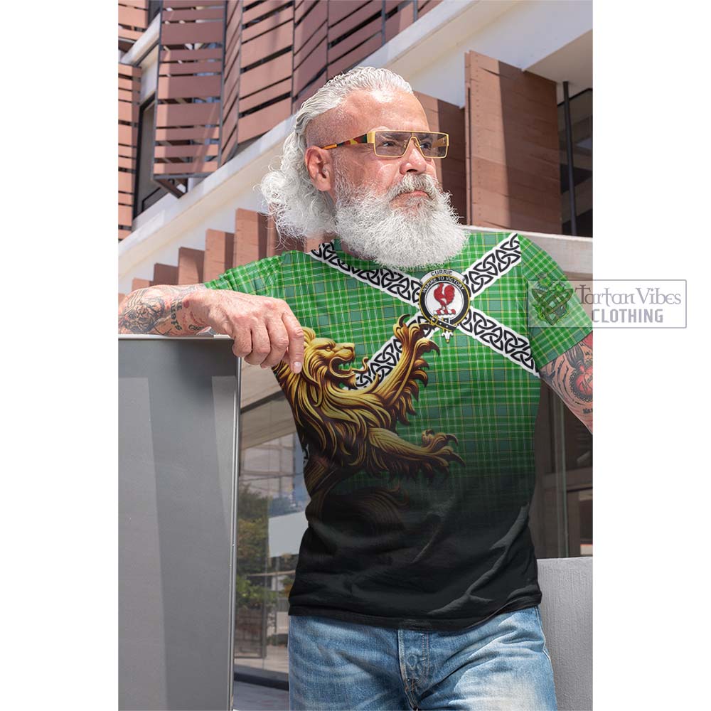 Currie Crest Tartan Cotton T-shirt with Golden Lion Emblem Celtic Style - Tartan Vibes Clothing