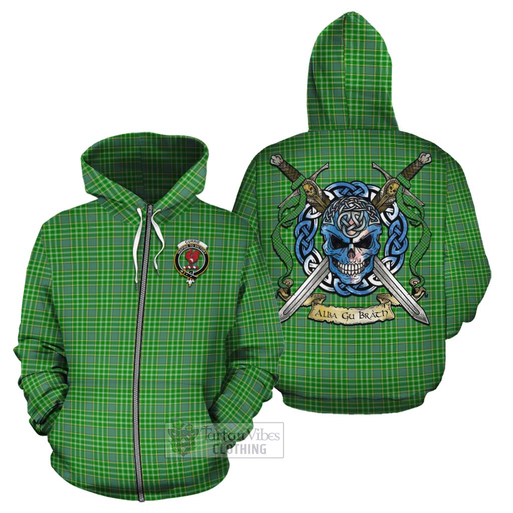 Currie Tartan Cotton Hoodie with Family Crest Celtic Skull Style - Tartan Vibes Clothing
