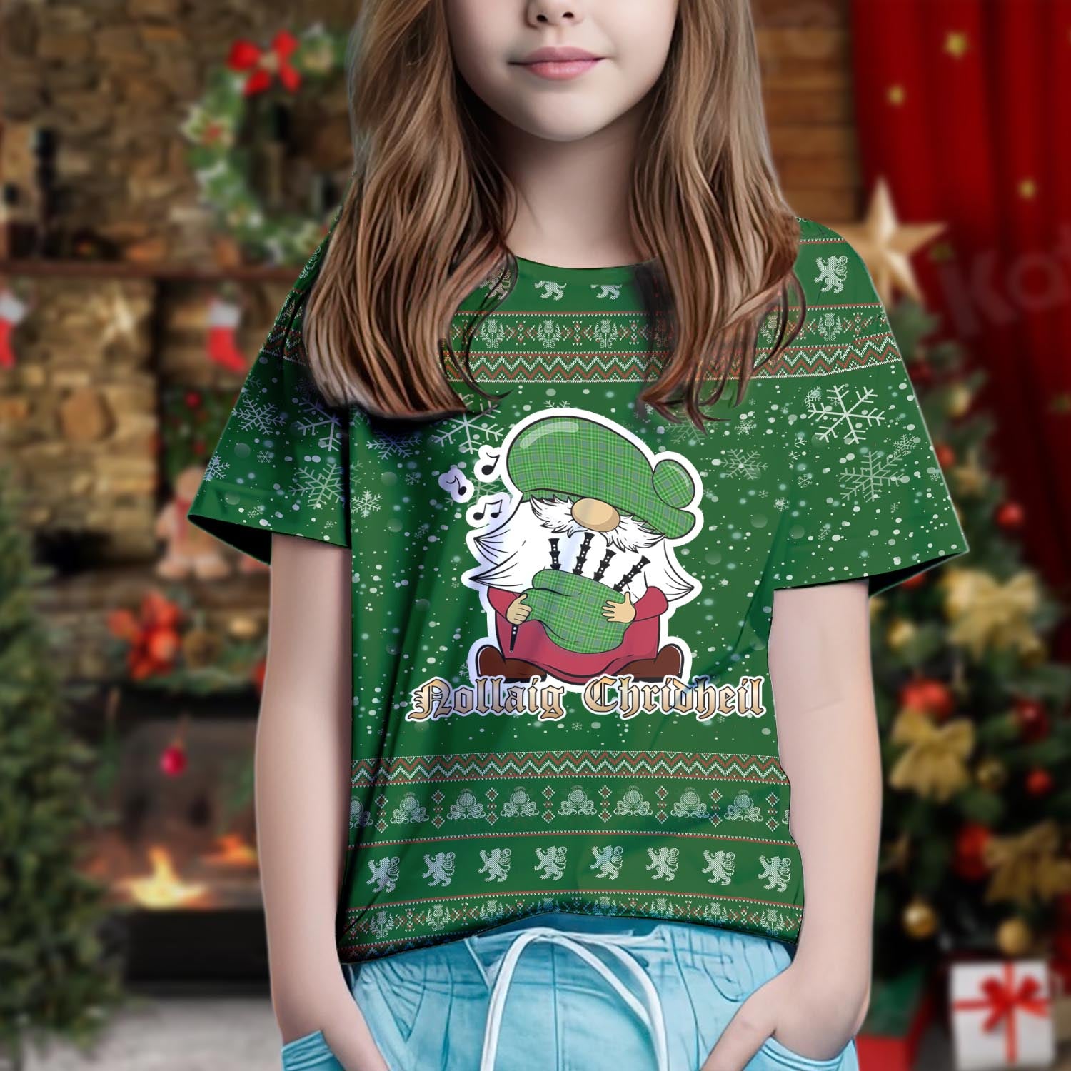 Currie Clan Christmas Family T-Shirt with Funny Gnome Playing Bagpipes Kid's Shirt Green - Tartanvibesclothing