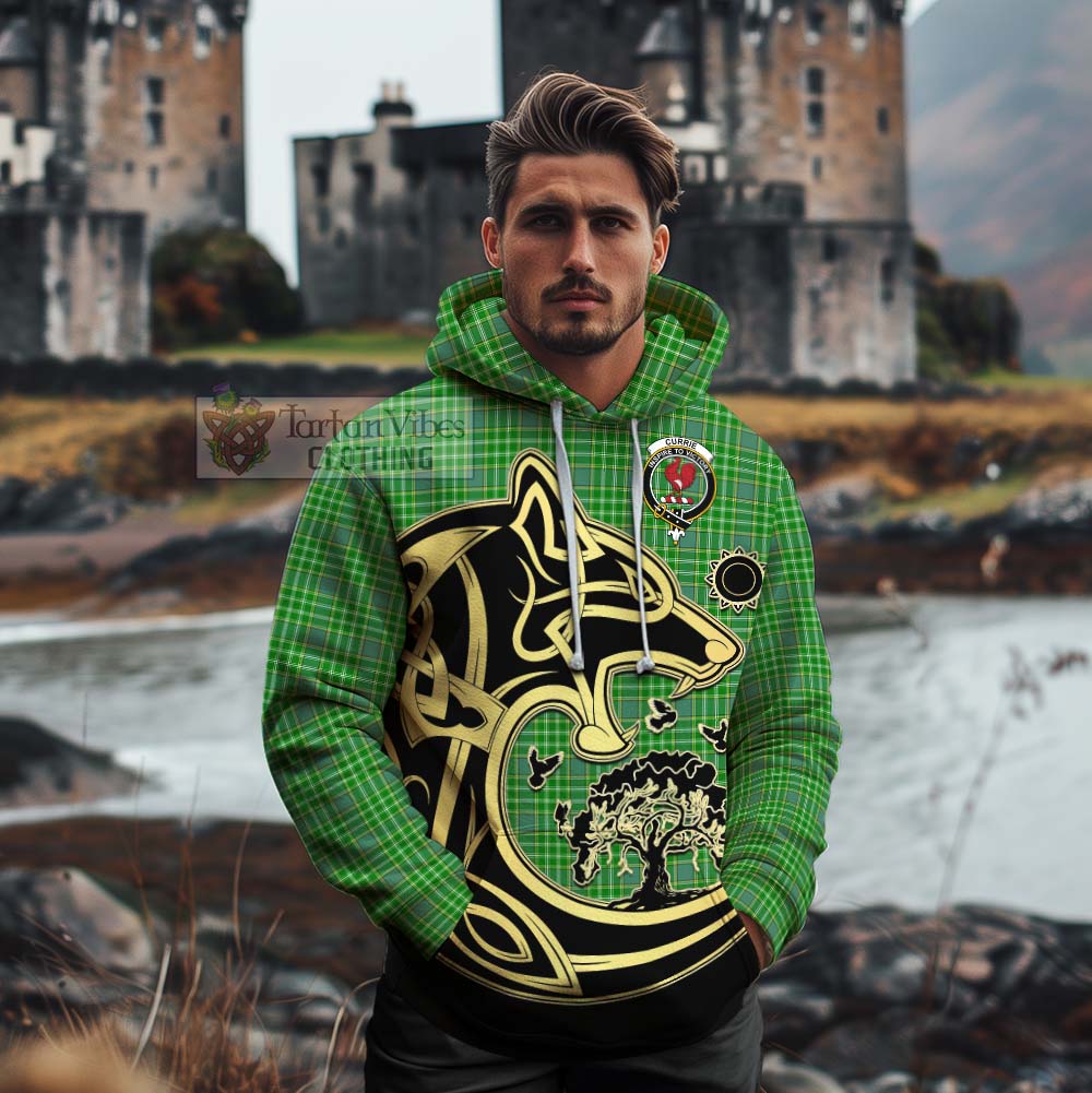 Currie Tartan Cotton Hoodie with Family Crest Celtic Wolf Style - Tartan Vibes Clothing